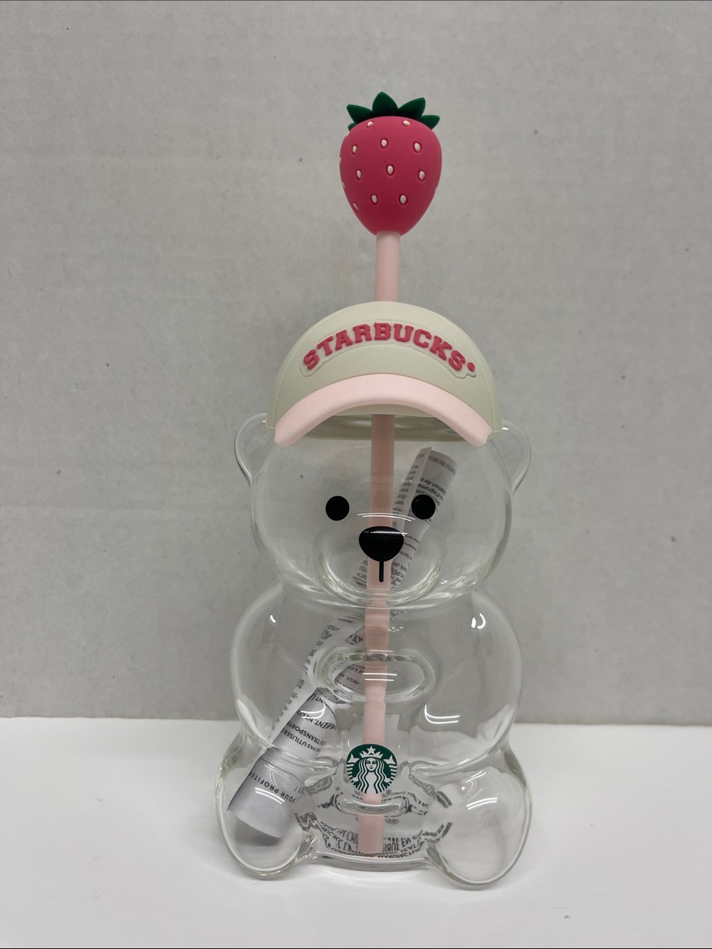 Starbucks Bearista Glass Pink Drink with Pink Straw and Strawberry Top